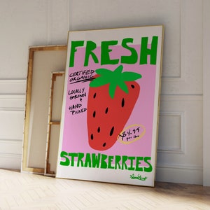 Lámina artística de fresas frescas, póster de cocina colorido, impresión de fruta fresca, póster rosa estético, póster retro de productos agrícolas