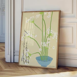 Lámina artística de rana japonesa, póster dibujado a mano, estampado de jarrón moderno, arte mural neutro, estampado floral blanco, arte botánico moderno, arte floral