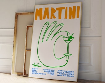 Martini Art Print, Retro Cocktail Wall Art, Mid Century Bar Cart Wall Art,  Colorful Cocktail Poster, Vintage Kitchen Print, Hand Drawn