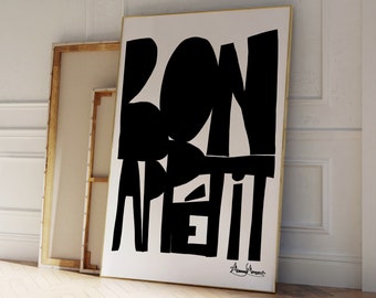 Bon Appetit Typografie Art Print, Mid-Century Modern Style, handgezeichnet, Retro Französisches Zitat Poster, Retro Typografie, Minimalistische Küchenkunst