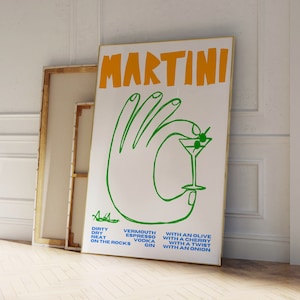 Wydruk artystyczny Martini, sztuka ścienna z koktajlem retro, sztuka ścienna z wózkiem barowym z połowy wieku, kolorowy plakat z koktajlem, wydruk kuchenny w stylu vintage, rysowany ręcznie