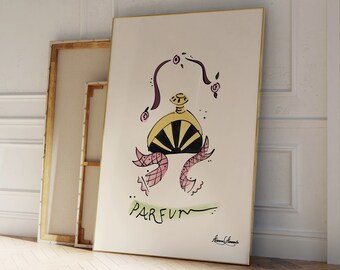 Vintage Perfume Art Print, Whimsical Hand Drawn Illustration, French Parfum Poster, Cute Aesthetic Bedroom Wall Decor, Eclectic Wall Decor