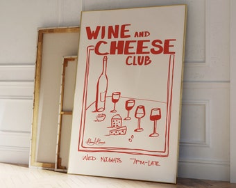 Wine and Cheese Club Art Print, Wine Poster, Bar Cart Art, Cheese Art, Hand Drawn Drinks, Wine Illustration, Retro Kitchen Poster