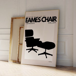 Eames Chair Herman Miller Art Print, Neutral Mid Century Modern Wall Art, Iconic Chairs Poster, Retro Chair Print, Black and Beige Art Print