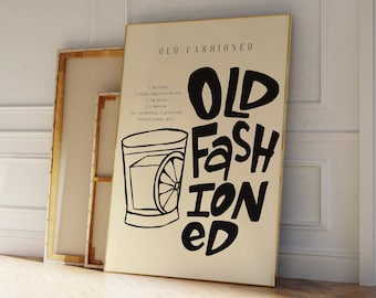 Old Fashioned Art Print, Hand Drawn Cocktails, Aesthetic Bar Cart Art, Trendy Wall Decor, Black & Beige Art, Modern Neutral Art