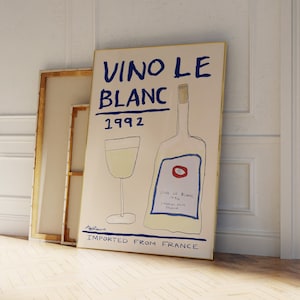 Vino Le Blanc Art Print, Wine and Cheese Poster, Vintage Food Art, Trendy Bar Cart Art, Retro Cocktail Print, Hand Drawn, French Print