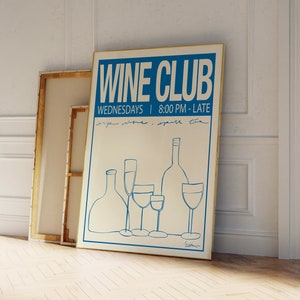 Wine Club Art Print, Retro Wine Poster, Bar Cart Art, Hand Drawn Drinks, Wine Illustration, Retro Kitchen Poster, Unique Food Art