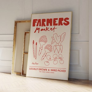 red farmers market print with asparagus radish artichokes and tomatos on the vine
