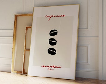 Impresión artística de Espresso Martini, póster de café, póster de cóctel dibujado a mano, arte estético para cocina o bar, arte mural moderno, negro y beige, neutro