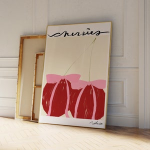 Kersen Art Print, moderne keukenkunst, schattige keukenposter, food Art, poster roze strik, poster galerijmuur, poster print, roze en rode print