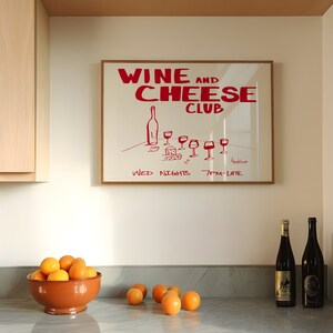 Red Wine and Cheese Club Art Print, vintage food Art, handgetekende, wijnillustratie, retro keukenposter, horizontale keukenkunst