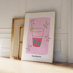 Pink Paloma Kunstdruck, Cocktail Illustration Poster, Handgezeichneter Cocktail, Bunte Barwagen Kunst, Wohnung Wandkunst, Süßer Cocktail Print