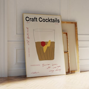 Ouderwetse ambachtelijke cocktails Art Print, vintage cocktailposter, moderne keuken/barkunst, trendy muurdecoratie, retro barwagenkunst, barposter, vintage cocktailposter