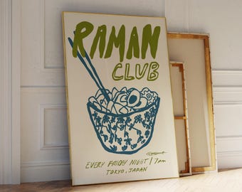 Raman Club konsttryck, vintage matkonst, retro köksaffisch, handritad, mitten av århundradet väggdekor, japansk mat, grönsakstryck, väggkonst