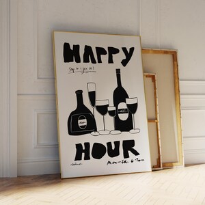Happy Hour Kunstdruck, Handgezeichnetes Getränke Poster, Retro Bar Warenkorb Kunst, Wein Illustration, Cocktail Poster, Trendy Funky Drucke, Wohnung Kunst