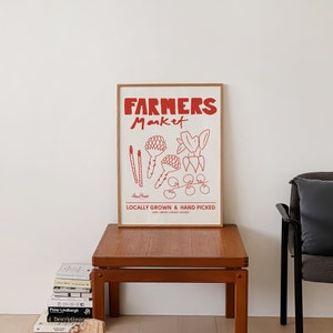 red farmers market print with asparagus radish artichokes and tomatos on the vine