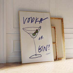Wodka oder Gin Kunstdruck, Martini Poster, Retro Cocktail Wandkunst, Mid Century, Barwagen Kunst, Minimalistischer Getränke Druck, Wodka Poster