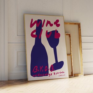 Wine Club BYOB Kunstdruck, Wein und Käse Poster, Retro Barwagen Kunst, Wein Illustration, Cocktail Poster, Trendy Funky Drucke, Wohnung Kunst