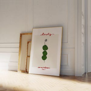 Dirty Martini Art Print, olijfposter, retro cocktailmuurkunst, halverwege de eeuw, esthetische barwagenkunst, minimalistisch, zwart en beige, neutraal