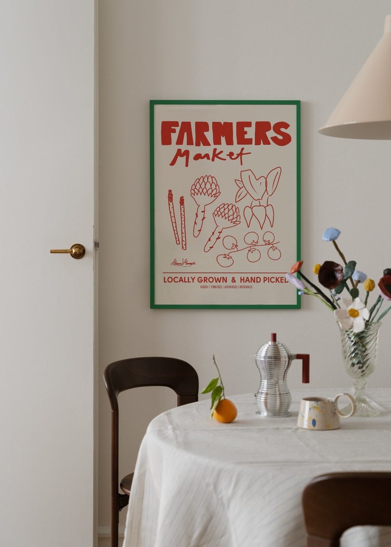 Farmers Market Art Print, Vintage Food Art, Hand Drawn Sketch, Aesthetic Retro Kitchen Poster, Mid-Century Produce Art, Ingredients Poster image 2