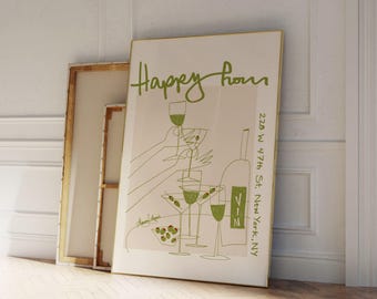 Happy Hour Art Print, Hand Drawn Drinks Poster, Retro Martini Art Print, Wine Illustration, Cocktail Bar Cart Art, Olives Poster, NYC