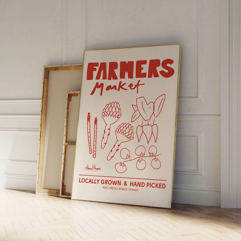 red farmers market print with asparagus radish artichokes and tomatos on the vine