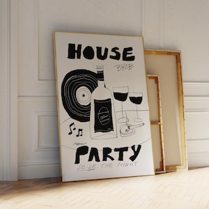 Wydruk artystyczny na imprezę domową, plakat retro na wino, plakat retro na koktajle, BYOB, czarno-biała sztuka na wózek barowy, modny wydruk koktajlowy, połowa wieku