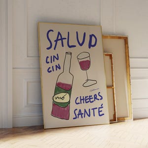 Salud Cin Cin Cheers Art Print, Retro Wine Poster, Vintage Kitchen Decor, Minimalist Bar Cart Art, Red Wine Wall Art, Modern Kitchen Poster