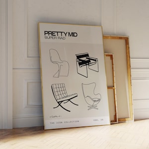 Pretty Mid Super Rad Art Print, Mid Century Modern Wall Art, Iconic Chairs Art, Retro Chair Print, Trendy Minimalist Poster, Black and White
