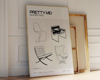 Pretty Mid Super Rad Art Print, Mid Century Modern Wall Art, Iconic Chairs Art, Retro Chair Print, Trendy Minimalist Poster, Black and White