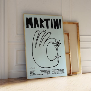 Martini Art Print, Retro Cocktail Wall Art, Mid Century Bar Cart Art, Trendy Cocktail Print, Aesthetic Apartment Art, Exhibition Poster Blue