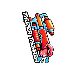 May include: A sticker featuring a cartoon water gun with a red and blue design. The water gun has a pink tongue sticking out of the barrel. The text "SUPER SOAKER" is written on the sticker.