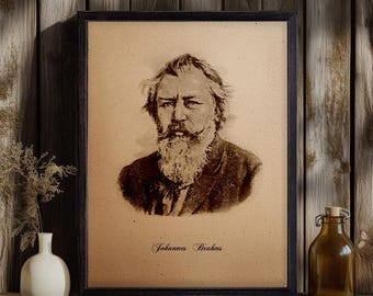Johannes Brahms Portrait Wood Print Framed Wall Art, Wood Wall Art, Wall Hangings, Rustic Distressed Wood Frame, Musician Wall Decor