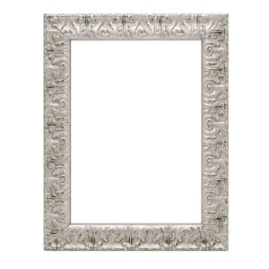 May include: A silver picture frame with an ornate design. The frame has a rectangular shape and a white background.