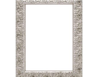 May include: A silver picture frame with an ornate design. The frame has a rectangular shape and a white background.