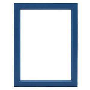 May include: A blue picture frame with a simple, rectangular design. The frame is made of wood and has a smooth finish.