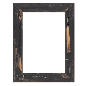 May include: A black wooden picture frame with a distressed finish. The frame has a rectangular shape and a simple design.