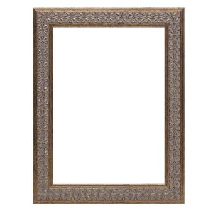 May include: A gold picture frame with a decorative floral pattern. The frame has a white mat and is ready to display a photo or artwork.