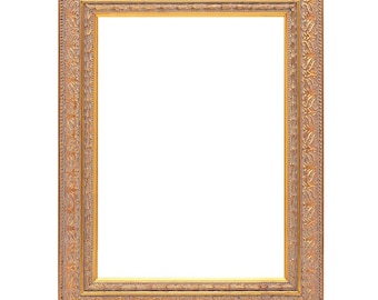 May include: A gold picture frame with an ornate design. The frame is made of wood and has a smooth finish.