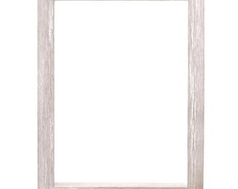May include: A white wood picture frame with a slightly distressed finish. The frame is rectangular and has a simple design.