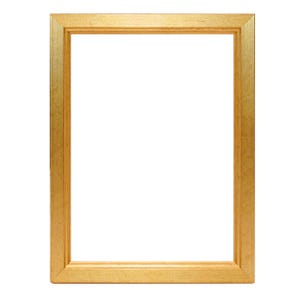 May include: A gold-colored picture frame with a simple, rectangular design. The frame is made of wood and has a smooth, polished finish.