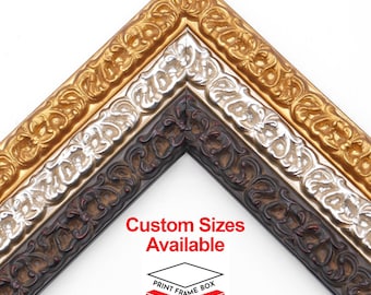 May include: Close-up of three ornate picture frames in gold, silver, and dark brown. The frames have detailed floral patterns and are arranged at an angle. Text reads "Custom Sizes Available" with a logo.