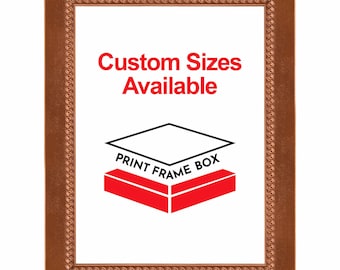 May include: A rectangular brown picture frame with a decorative border. The frame contains the text "Custom Sizes Available" in red, along with a graphic of a box with the words "Print Frame Box".