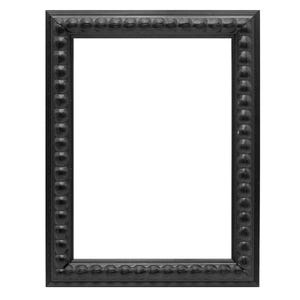 May include: A black picture frame with a beaded border. The frame is made of wood and has a rectangular shape.