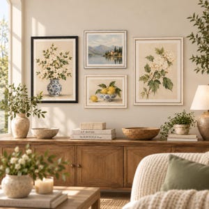 May include: A gallery wall arrangement featuring four framed prints: a tall vertical floral print in a black frame, a landscape print of a lake and mountains, a horizontal print of lemons in a bowl, and a tall vertical hydrangea print.