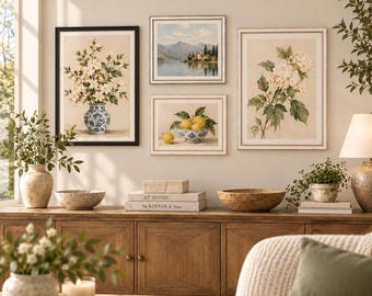 May include: A gallery wall arrangement featuring four framed prints: a tall vertical floral print in a black frame, a landscape print of a lake and mountains, a horizontal print of lemons in a bowl, and a tall vertical hydrangea print.