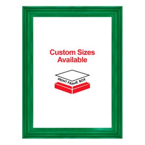 May include: A green picture frame with the text "Custom Sizes Available" in red. Below the text is a graphic of a red and white box with the words "Print Frame Box".