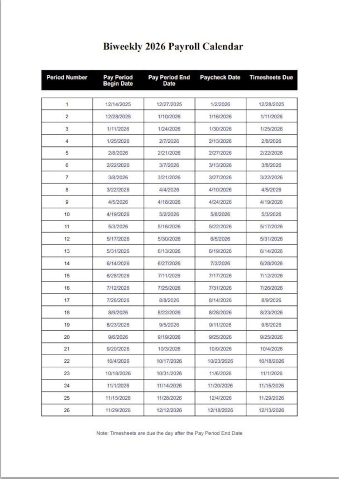 Biweekly Payroll Calendar 2026 MS Editable Word Pay Period Start
