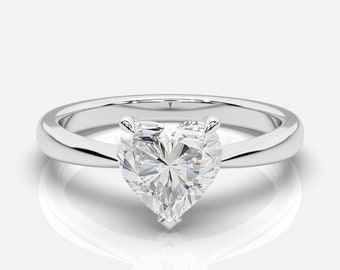 1.5 CT Heart solitaire lab grown diamond ring, pinched shank Heart Engagement ring, 14k white gold Heart solitaire ring, Gift for her