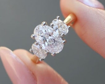 2 CT Oval Three stone Diamond Ring, 14k White Gold Engagement Ring, Oval Lab Grown Diamond Ring, Three Stone Oval Diamond Wedding Ring.